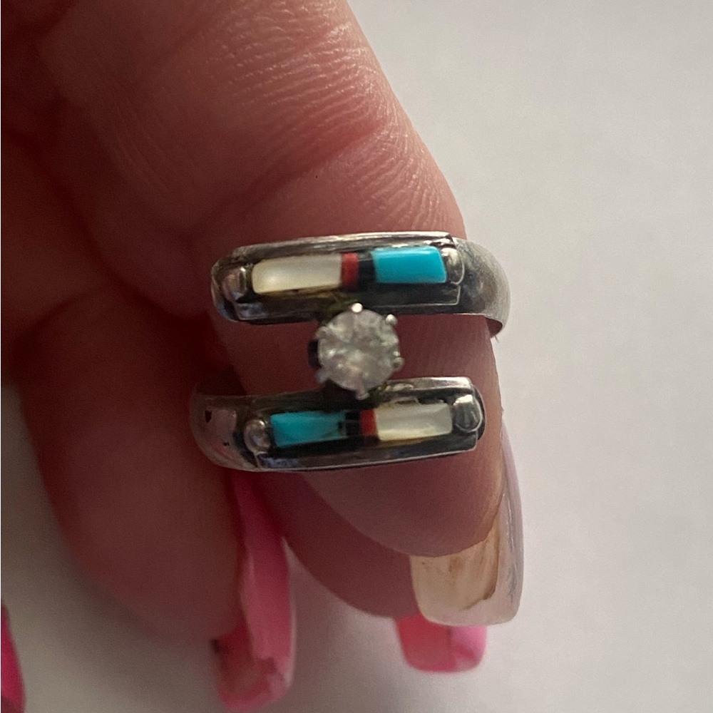 Vintage Signed Spencer Multi Color Inlay Turquoise Mop CZ Ring - SZ 7